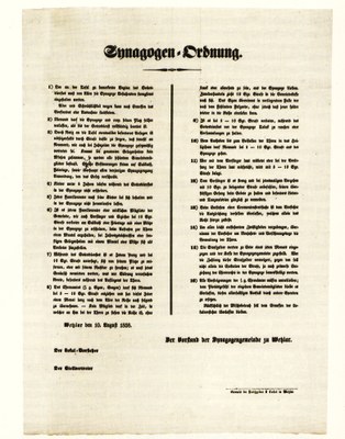 Synagogenordnung der Jüdischen Gemeinde zu Wetzlar von 1858 Synagogenordnung der Jüdischen Gemeinde zu Wetzlar von 1858