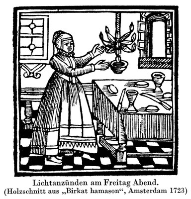 Lichtanzünden am Freitag Abend. (Holzschnitt aus „Birkat hamason, Amsterdam 1723), unbekannter Künstler; Bildquelle: Jüdisches Lexikon, Berlin 1930, vol. 4, Sp. 21.