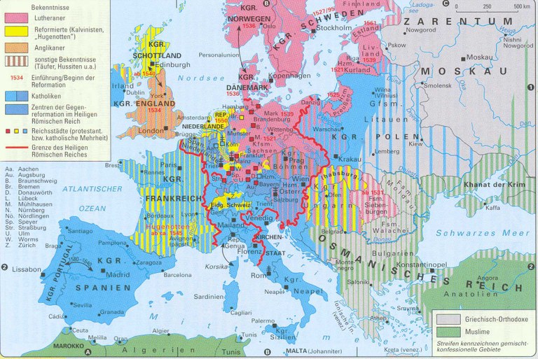 Die Konfessionen in Europa, Karte, 2003, unbekannter Ersteller; Bildquelle: Rudolf, Hans Ulrich / Oswalt, Vadim: Taschenatlas Weltgeschichte: Europa und die Welt, 2. Auflage, Gotha 2003, S.101, mit freundlicher Genehmigung des Klett Verlags.