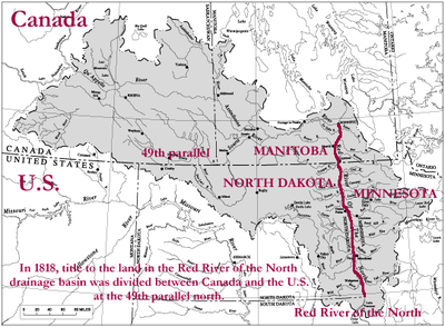 User:Jengod, Das Gebiet der Red-River-Kolonie in der Ausdehnung, in der die Hudson's Bay Company sie 1812 Lord Selkirk überließ, mit der Grenzziehung zwischen USA und Kanada von 1818. Quelle: Wikimedia Commons, https://commons.wikimedia.org/wiki/File:Red-river-basin.png, Creative Commons Attribution-Share Alike 3.0 Unported.