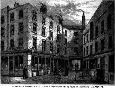 Walter Thornbury: Garraway’s Coffee House, from Walter Thornbury, Old and new London: a narrative of its history, its people, and its places, vol 2, p. 174.  London : Cassell, Petter, & Galpin, 1873. Source: archive.org https://archive.org/stream/oldnewlondonnarr02thor#page/174/mode/2up via https://baldwinhamey.wordpress.com/2012/10/06/garraways-coffee-house/.
