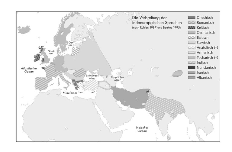 Die Verbreitung der indoeuropäischen Sprachen, Karte, 2010; Bildquelle: Haarmann, Harald: Die Indoeuropäer: Herkunft, Sprachen, Kulturen, München 2010, Einband, © Verlag C.H.Beck, München http://www.chbeck.de