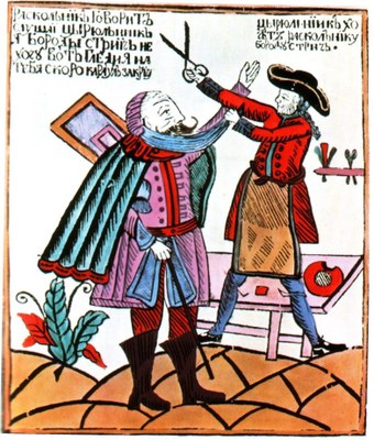 Karikatur auf die Reform Peters des Großen: Einem altgläubigen Russen wird der Bart abgeschnitten, unbekannter Künstler, Holzschnitt für ein Flugblatt, Ende 17. Jahrhundert. Quelle: Wikimedia Commons, https://commons.wikimedia.org/wiki/File:Raskolnik.jpg?uselang=de, gemeinfrei.