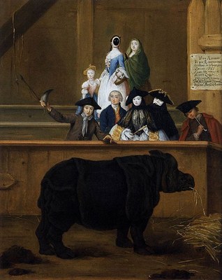 Pietro Longhi (1702–1785): Das Rhinozeros (1751); Öl auf Leinwand, 62 x 50 cm. Ca' Rezzonico, Venedig. Bildquelle: Wikimedia Commons, http://commons.wikimedia.org/wiki/File:Pietro_Longhi_-_The_Rhinoceros_-_WGA13408.jpg. Gemeinfrei.
