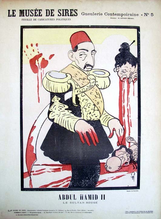 „Abdul Hamid II, le sultan rouge“, Lithographie, um 1900, Auguste Roubille (1872–1955); Bildquelle: Graphic Arts Collection No. GC103.  Department of Rare Books and Special Collection. Princeton University Library”, http://blogs.princeton.edu/graphicarts/roubille3.html.