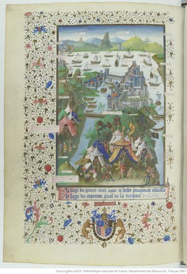 Eroberung Konstantinopels durch die Türken unter Sultan Mohammad II. Fatin, 29. Mai 1453.-Das türkische Heerlager vor Konstantinopel.-Buchmalerei, 1455, aus der Werkstatt des Jean Mielot. Illustration zu: Avis directif pour faire la passage d'Outremers. Mss. français 9087, fol. 307 v; Bildquelle: akg-images, Bildnummer: 9TK-1453-5-29-A1-1. 