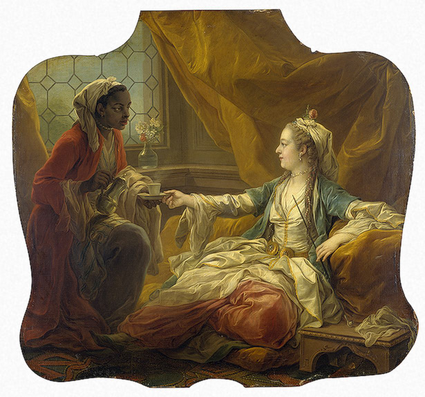 Charles André van Loo (1705–1765), Madame Pompadour als „Sultanin (Sultan's Wife Drinking Coffee), Öl auf Leinwand, 120x127 cm, 1755; Bildquelle: Mit freundlicher Genehmigung des State Hermitage Museum, St. Petersburg, http://www.hermitagemuseum.org/fcgi-bin/db2www/fullSize.mac/fullSize?selLang=English&dlViewId=Q72SFJF5XRH60GOV&size=small&selCateg=picture&dlCategId=UD%2B40WDHUBA62OIZTF&comeFrom=browse.