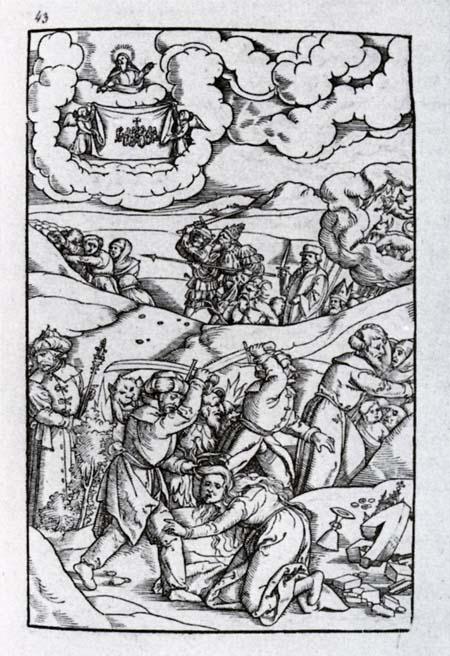 Holzschnitt von Matthias Gerung (1500–1570) zum Apokalypsenkommentar des Berner Predigers Sebastian Meyers. Codex germanicus 6592; Bildquelle: Bayerische Staatsbibliothek, München. 
