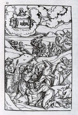 Matthias Gerung (1500–1570), Holzschnitt zum Apokalypsenkommentar des Berner Predigers Sebastian Meyer (1465–1545), 1544 bis 1558, Bildquelle: Codex germanicus 6592; Bayerische Staatsbibliothek, München.