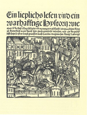 Elisabeth von Nassau-Saarbrücken (1393–1456), Ein lieplichs lesen vnd ein warhafftige Hystorij wie einer (d[er] da hieß Hug schäpler vn[d] wz metzgers gschlecht) ein gewaltiger küng zu Franckrich ward ... / [... macht es ... Elyzabeth von Lottringen ... zu tütsch], Titelblatt, 1500, unbekannter Künstler; Bildquelle: Niedersächsische Staats- und Universitätsbibliothek Göttingen, Signatur 4 FAB III, 1579 INC.