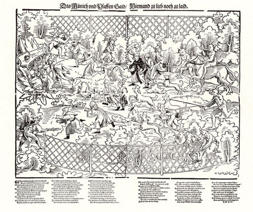 Erhard Schön (1491–1542), Jagd auf Mönche und Pfaffen, Flugblatt mit Holzschnitt und Typendruck, 44,8x50cm, undatiert [um 1525], Text von Hans Sachs (1494–1576) (Werke, vol. 22, S. 316–318; vol. 25, Re.Nr. 1576), Geisberg/Strauss Nr. 1090; Bildquelle: © Bildagentur für Kunst, Kultur und Geschichte (bpk)/Kupferstichkabinett, SMB.