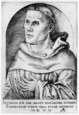 Lucas Cranach d. Ä. (1472–1553), Portrait von Martin Luther (1483–1546), Kupferstich, 16,5x11,5cm, 1520, Bildquelle: Staatliche Graphische Sammlung München, Inventarnummer: 14448 D.