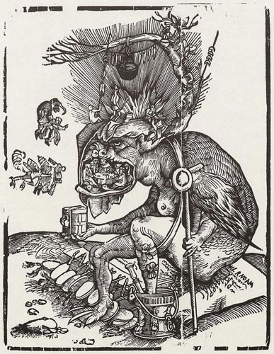 Matthias Gerung (ca. 1500–1570), Satire auf die katholische Geistlichkeit, Holzschnitt, 31,6x24,2 cm, undatiert [vor 1536], Geisberg/Strauss Nr. 259; Bildquelle: © Bildagentur für Kunst, Kultur und Geschichte / Kupferstichkabinett, SMB / Volker-H. Schneider; Bildnummer: 00090810, Standort des Originals: Berlin, Kupferstichkabinett (Staatliche Museen zu Berlin, Preußischer Kulturbesitz).